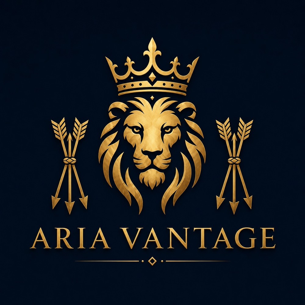 Aria Vantage gold lion, crown, and arrows logo